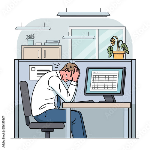 Overwhelmed And Stressed Businessman In A Cubicle Showing Burnout And Exhaustion