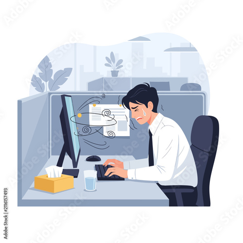 Overwhelmed Businessman Crying At Computer Desk In Office