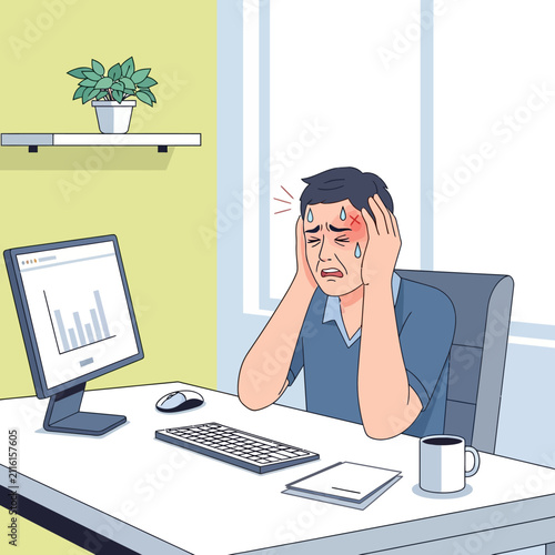 Overwhelmed Businessman Experiencing Intense Stress At His Desk