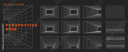 Perspective grid vector collection, 3D wireframe grid line backgrounds with editable stroke for cyberpunk design, y2k retro futuristic, brutalism illustration.