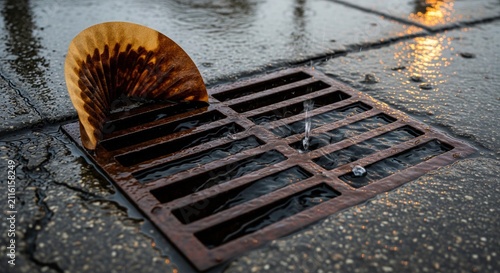 Metal drain grate receiving rain water on wet paving stones