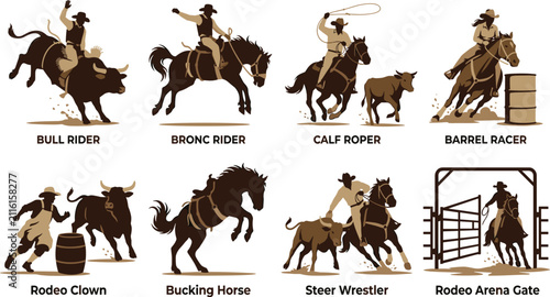 фотографія Rodeo Cowboy Silhouette Set with Bull Rider Bronc Rider and Barrel Racer Scenes