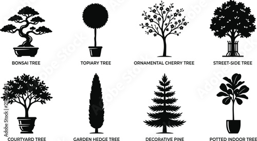 Cuadro en lienzo Tree Silhouette Collection with Bonsai Topiary Pine Ornamental and Garden Vector