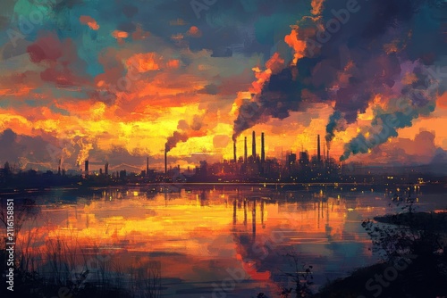 Industrial Cityscape Under Dramatic Sunset Skies
