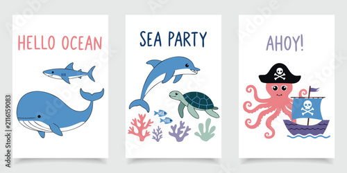 Konstfotografi Cute Nautical Nursery Poster Set with Cartoon Whale, Shark, Dolphin, and Pirate Octopus