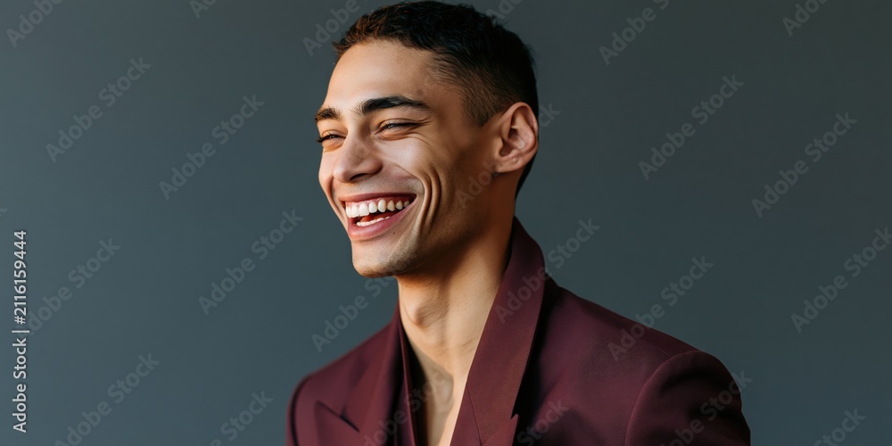 Obraz premium Smiling young man portrait with dark gray background for banner poster background and wallpaper use in advertising and design