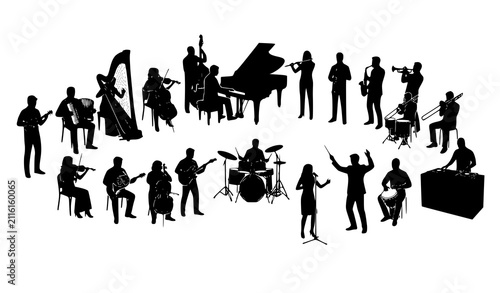 Canvastavla Black Musician Silhouette Collection with Guitar Drums Brass and String Instrume