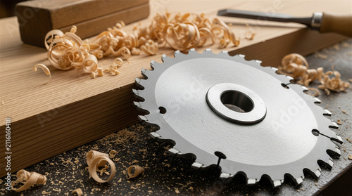 Circular saw blade lies beside a wooden board and a metal chisel on a workbench covered in discarded wood curls.