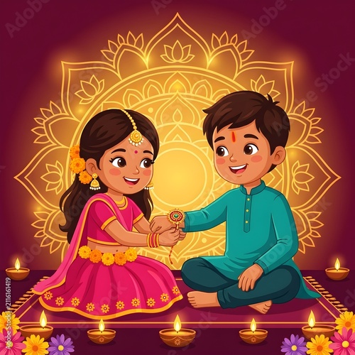 Cute cartoon illustration of a brother and sister celebrating Raksha Bandhan with traditional attire, diyas, and a golden mandala background.