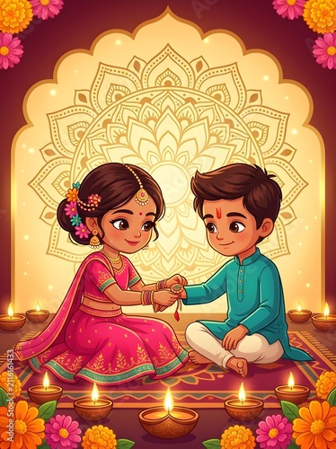 A cute cartoon illustration of a brother and sister celebrating Raksha Bandhan, with the sister tying a rakhi on her brother's wrist, surrounded by diyas and flowers.