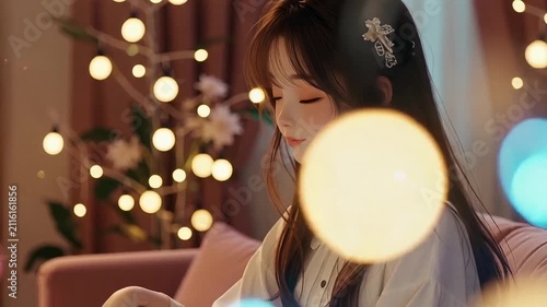Charming young Asian woman relaxing at home enjoying festive holiday atmosphere, elegant model with hair clip surrounded by warm bokeh lights, cozy lifestyle video