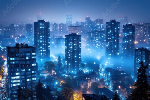 Gloomy Cityscape Under Blue Smoggy Night Sky