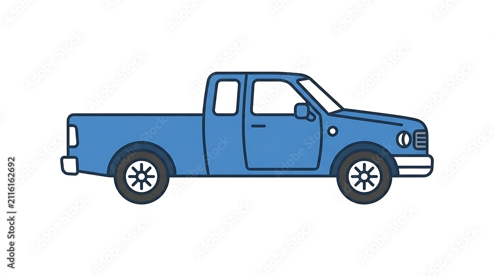 Fototapeta premium Blue pickup truck side view icon. Simple flat vector illustration of a utility vehicle.
