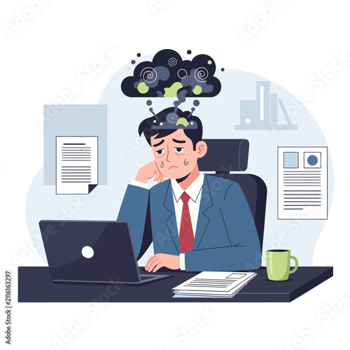 Frustrated Businessman Overwhelmed At Work Caused By Stressful Thoughts