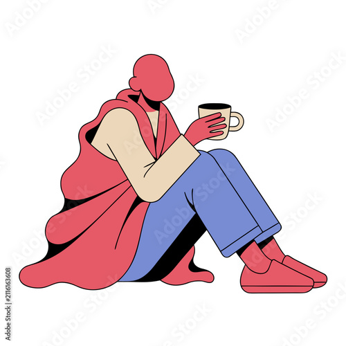 Casual person sitting with a cup in a cozy blanket  