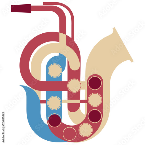 Abstract illustration of a tuba in red and blue colors  