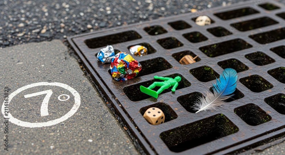 Fototapeta premium Lost toys and small items dropped on a street storm drain grate on the pavement.