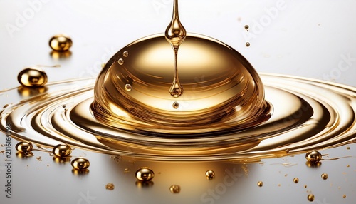 golden viscous liquid dripping creating spherical drops showcasing rich texture and flow on white background