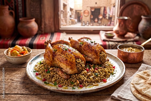Traditional Egyptian Hamam Mahshi stuffed pigeons with wheat served on a rustic wooden table setup.