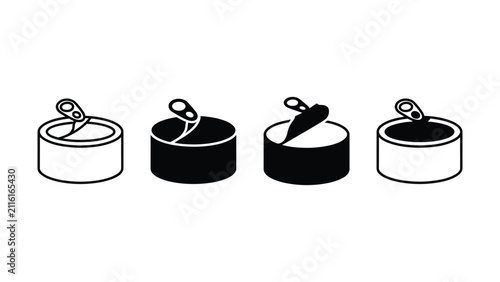 Set of four black and white tin can icons featuring metal pull ring openers on isolated background