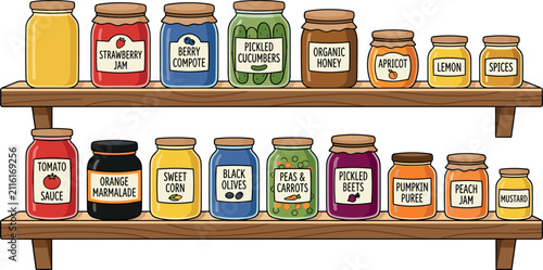 Pantry jars on wooden shelves vector illustration set featuring preserved food jam honey sauce pickles and spreads