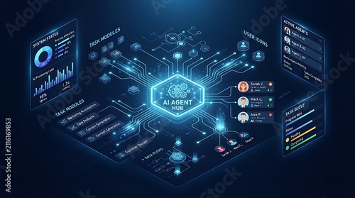 Isometric AI agent hub dashboard with digital neural network connections and data processing modules
