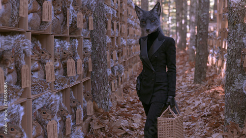 Solitary Fox in Tweed Walking a Vast Amber Corridor Conveying Commercial Solitude