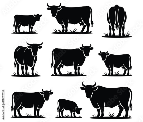 Bild auf Leinwand Collection Of Black Cow Silhouettes With Grass Vector Illustration Silhouette