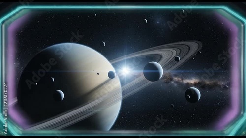 Spacecraft cockpit interior with view of ringed planet.