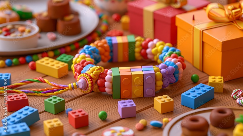 Fototapeta premium Raksha bandhan themed festive rakhi bracelet made of colorful building blocks and beads raksha bandhan, raksha bandhan image