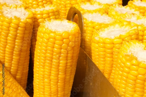 Foto Close-up of freshly cooked sweet corn cobs stacked together in a food warmer at a street food market
