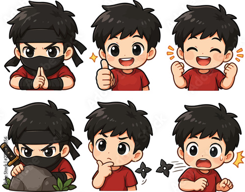 Cute boy ninja anime character set with various expressions and poses.
