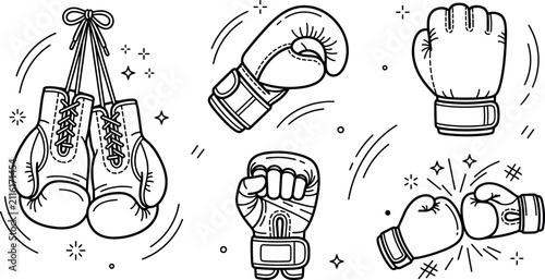 Boxing gloves vector element set featuring hand drawn line art hanging gloves fist bump mma wrap and combat sports icons