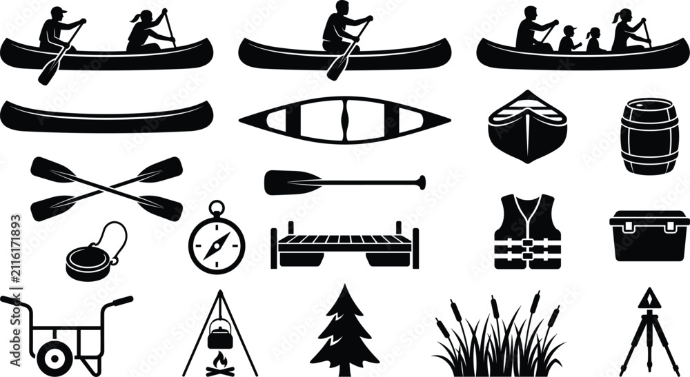 Naklejka premium Flat Color Canoeing And Camping Outdoor Adventure Vector Collection With Recreation Equipment Symbols For Wilderness Graphic Design Projects