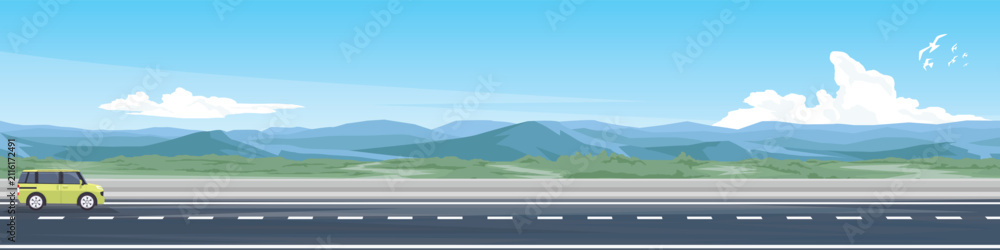 Fototapeta premium Horizontal or Landscape of traveling of featuring car driving along a long asphalt highway. Through a flat landscape with distant mountains under a blue sky. Free space on the sky for banner.