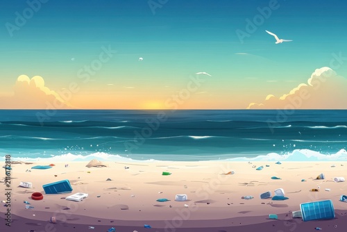 Beach Littered with Trash Under a Calm Sunset Sky