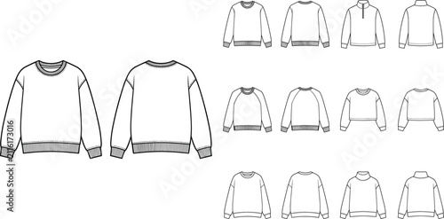Quadro su tela Sweatshirt Vector Technical Flat Sketch Collection with Crewneck Raglan Oversize