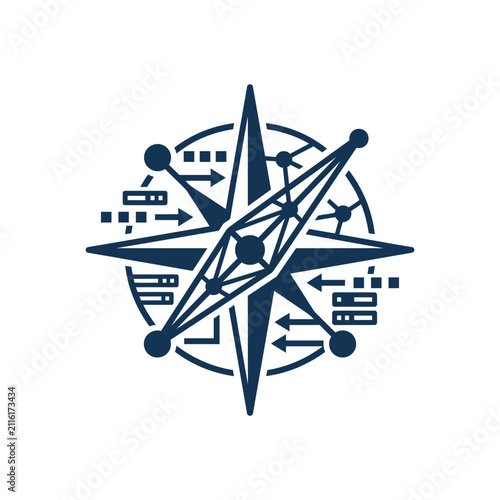 A dark blue digital compass icon on a white background