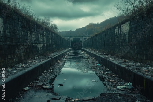 Abandoned Factory Tunnel Entrance Surrounded by Trash and Desolate Landscape