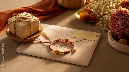 Raksha bandhan themed raksha bandhan celebration with gift box, rakhi, envelope and flowers on wooden table raksha bandhan, raksha bandhan image