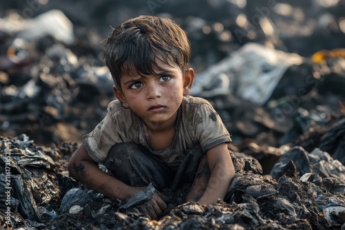 A young boy sits amidst garbage in a landfill