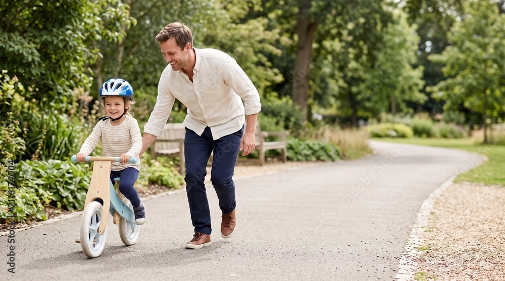 Fototapeta premium Father helping child ride balance bike in park during summer 