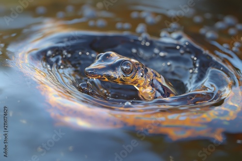 A frog emerges from water with ripples and light reflections
