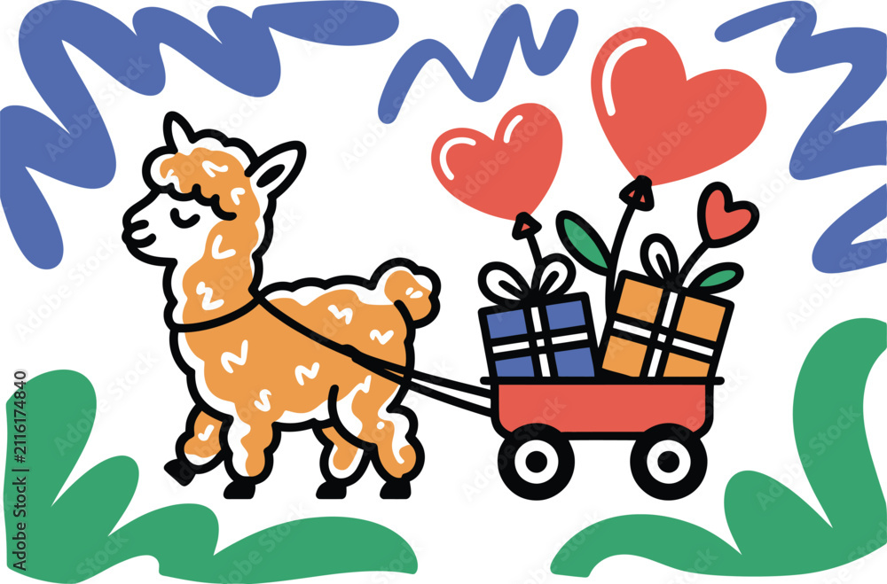 Fototapeta premium Cute cartoon alpaca pulling cart with gift boxes and heart balloons, romantic scene with colorful brush strokes.