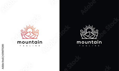 Modern Minimalist Mountain and Sun Line Art Logo Design on White and Black Backgrounds