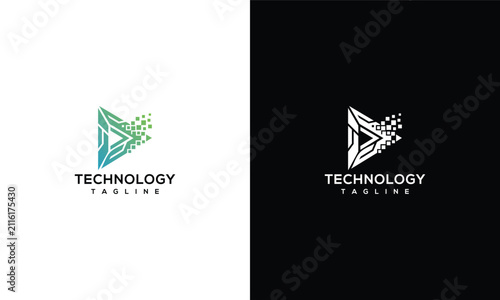 Digital Technology Play Button Logo with Pixel Effect in Gradient Colors