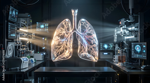 Glowing 3D lung hologram in dark research room