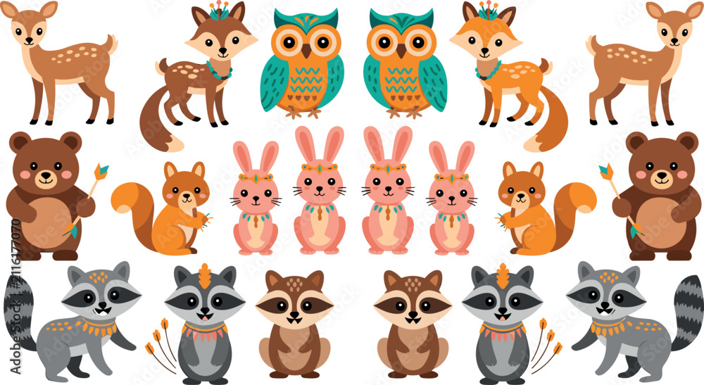 Obraz premium Cute Tribal Woodland Animals Vector Set Featuring Deer, Fox, Owl, Bear, Rabbit, and Raccoon Characters