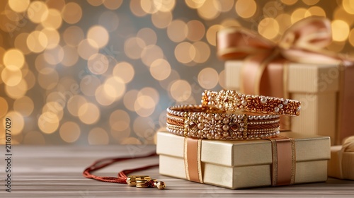 Raksha bandhan themed elegant rakhi bracelets with gift boxes on a wooden table with bokeh lights raksha bandhan, raksha bandhan image