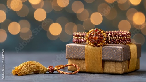 Raksha bandhan themed elegant rakhi bracelets with gift boxes on a wooden table with bokeh lights raksha bandhan, raksha bandhan image